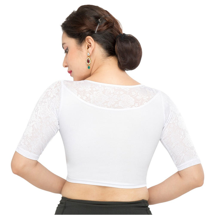 Designer Silver Non-Padded Stretchable Boat Neckline With Elbow Length Net Sleeves Saree Blouse Crop Top (A-31-Silver)