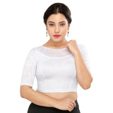 Designer Silver Non-Padded Stretchable Boat Neckline With Elbow Length Net Sleeves Saree Blouse Crop Top (A-31-Silver)