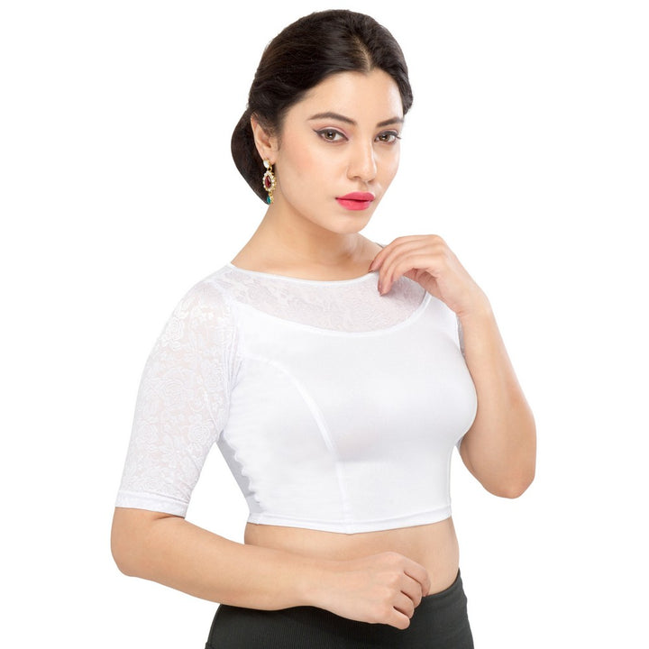 Designer Silver Non-Padded Stretchable Boat Neckline With Elbow Length Net Sleeves Saree Blouse Crop Top (A-31-Silver)