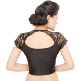 Designer Black Non-Padded Stretchable Round Neckline With Netted Half Sleeves Saree Blouse Crop Top (A-33-Black)