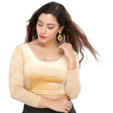 Designer Velvet Gold Non-Padded Stretchable Round Neck Netted Full Sleeves Saree Blouse Crop Top (A-46-Gold)