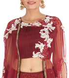 Hand Embroidered Wine Lehenga With Attached Jacket Style Cape