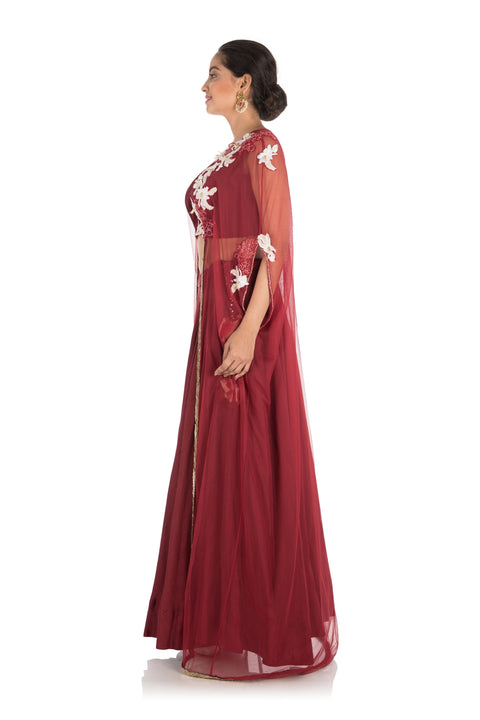 Hand Embroidered Wine Lehenga With Attached Jacket Style Cape
