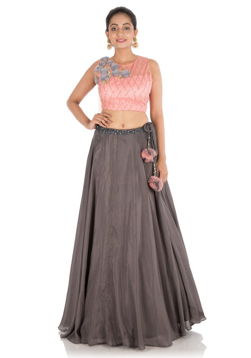 Hand Embroidered Charcoal Grey Lehenga With Light Pink Blouse