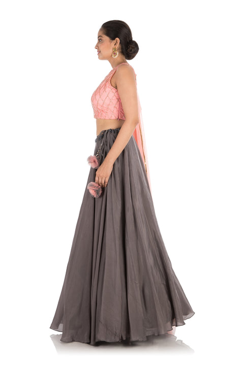 Hand Embroidered Charcoal Grey Lehenga With Light Pink Blouse