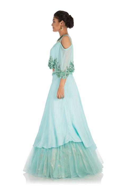 Hand Embroidered Sea Blue Lehenga Set