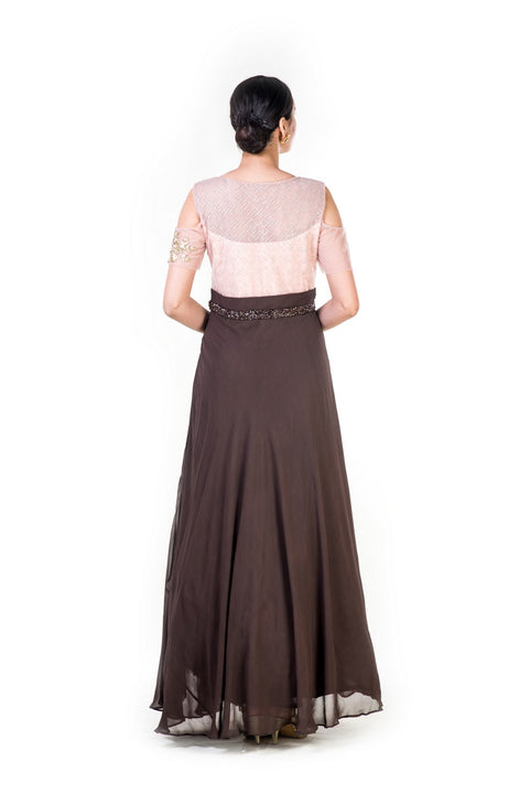 Hand Embroidered Peach & Brown Cold Shoulder Gown