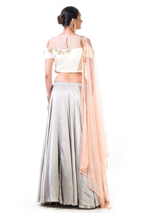 Hand Embroidered Off White Blouse With A Light Grey Lehenga