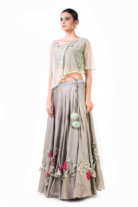 One Shoulder Cape Style Blouse And Embroidered Lehenga