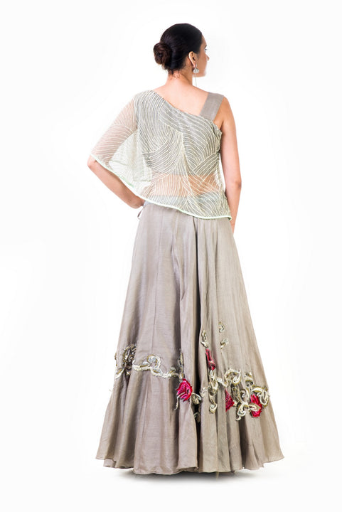 One Shoulder Cape Style Blouse And Embroidered Lehenga