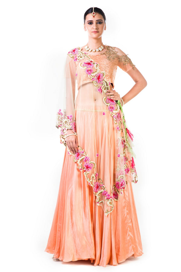 Peach Sequins Work Embroidered Blouse And Peach Lehenga With Thread Work Embroidery