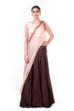 Embroidered Powder Peach & Brown Lehenga Set With An Attached Dupatta