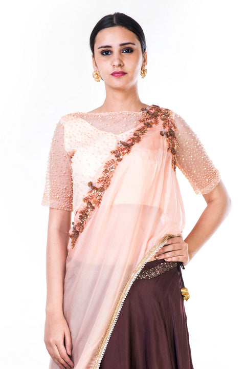 Embroidered Powder Peach & Brown Lehenga Set With An Attached Dupatta