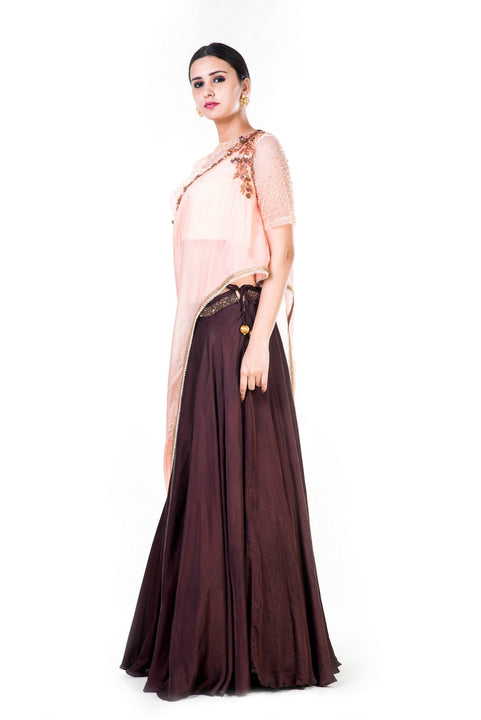 Embroidered Powder Peach & Brown Lehenga Set With An Attached Dupatta