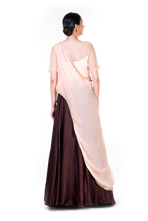 Embroidered Powder Peach & Brown Lehenga Set With An Attached Dupatta