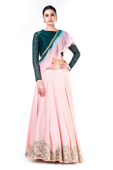 Hand Embroidered Bottle Green & Blush Pink Lehenga With A Shaded Frill Dupatta