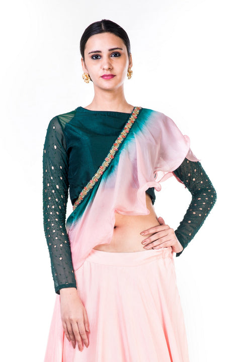 Hand Embroidered Bottle Green & Blush Pink Lehenga With A Shaded Frill Dupatta