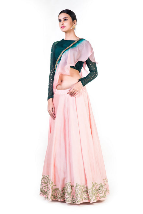 Hand Embroidered Bottle Green & Blush Pink Lehenga With A Shaded Frill Dupatta