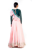 Hand Embroidered Bottle Green & Blush Pink Lehenga With A Shaded Frill Dupatta