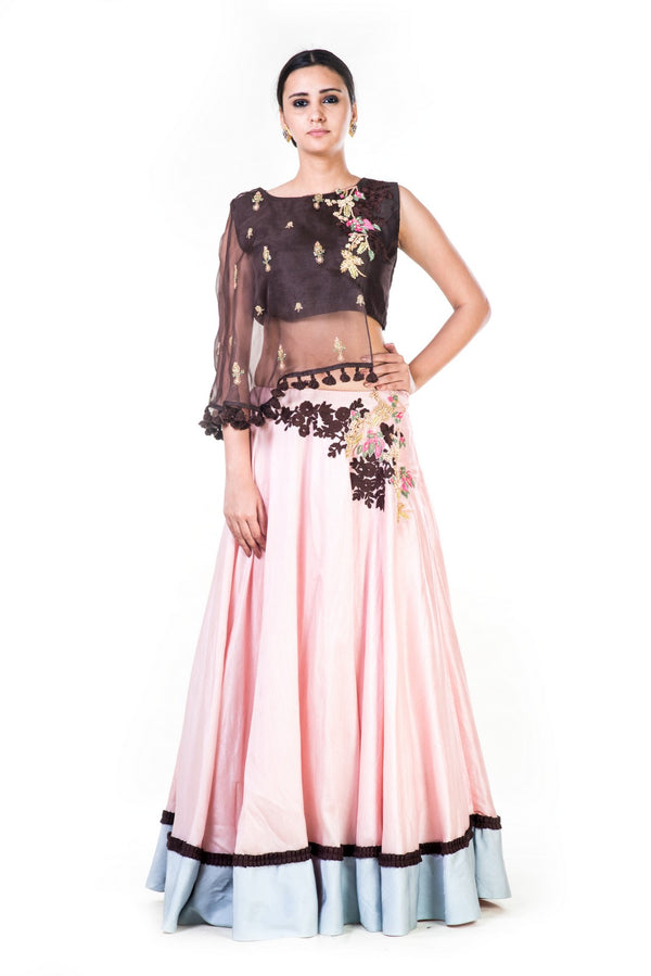 Hand Embroidered Brown & Blush Pink Asymmetrical Cape Lehenga