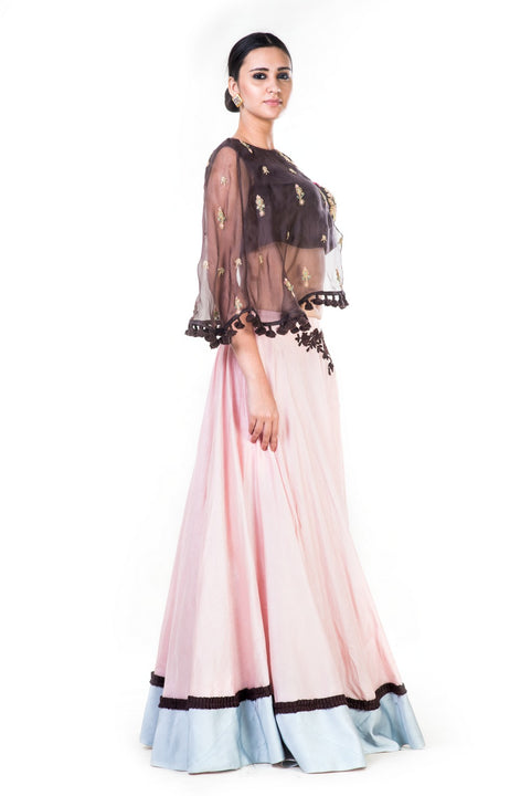 Hand Embroidered Brown & Blush Pink Asymmetrical Cape Lehenga
