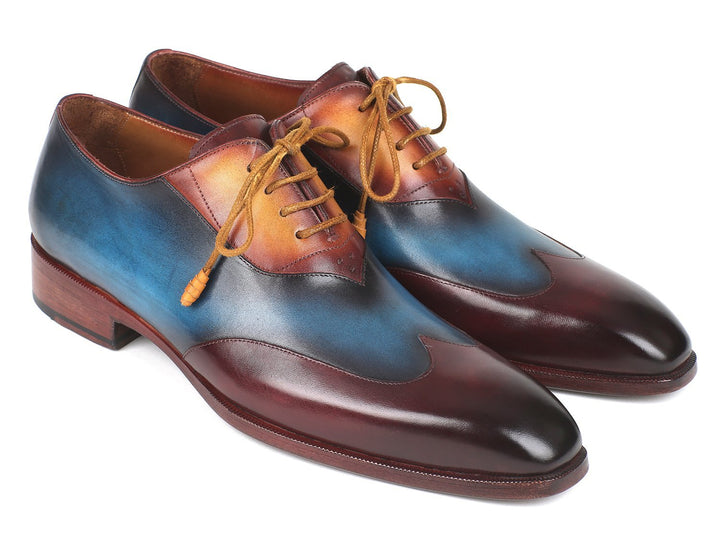 Paul Parkman Three Tone Wingtip Oxfords Bordeaux & Blue & Camel Shoes (ID#AL3249TU) Size 9-9.5 D(M) US