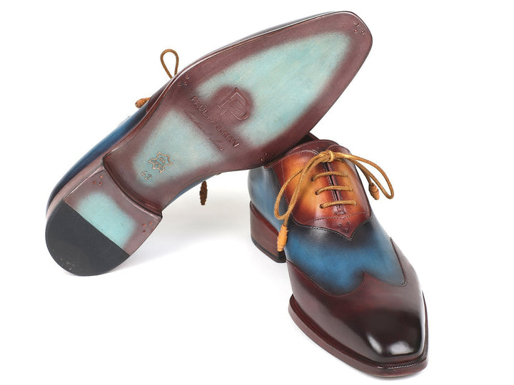 Paul Parkman Three Tone Wingtip Oxfords Bordeaux & Blue & Camel Shoes (ID#AL3249TU) Size 9-9.5 D(M) US