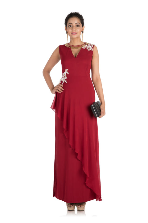 Hand Embroidered Crimson Red Long Dress