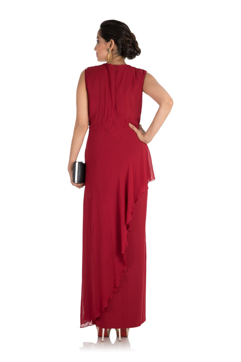 Hand Embroidered Crimson Red Long Dress