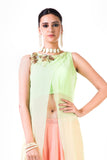 Embroidered Lime Green Overlapped Crop Top With Peach Palazzo Pant