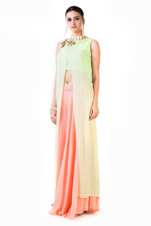 Embroidered Lime Green Overlapped Crop Top With Peach Palazzo Pant