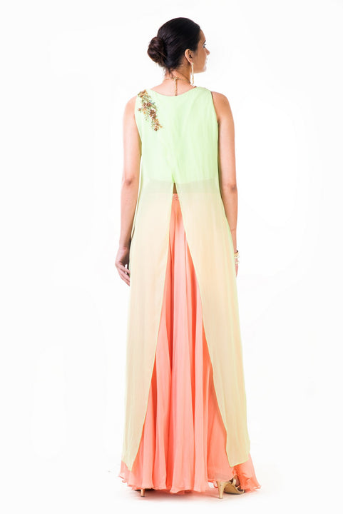 Embroidered Lime Green Overlapped Crop Top With Peach Palazzo Pant