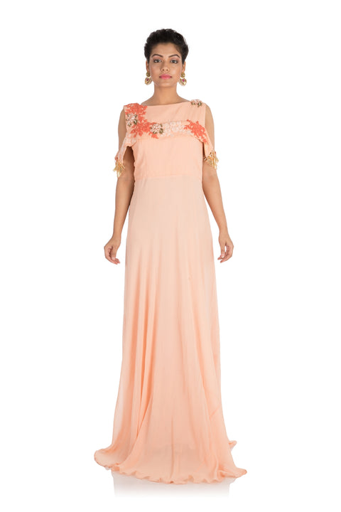 Hand Embroidered Light Peach Long Cold Shoulder Dress