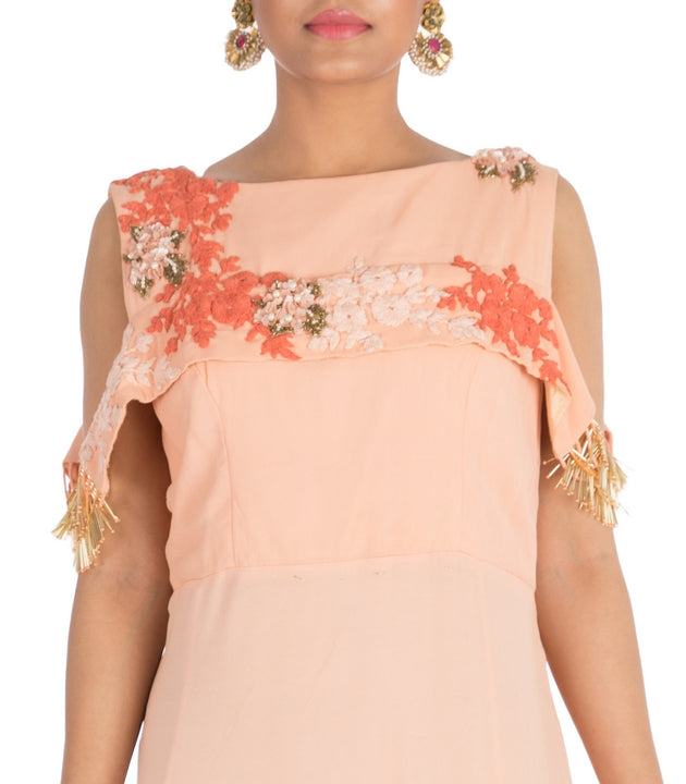 Hand Embroidered Light Peach Long Cold Shoulder Dress