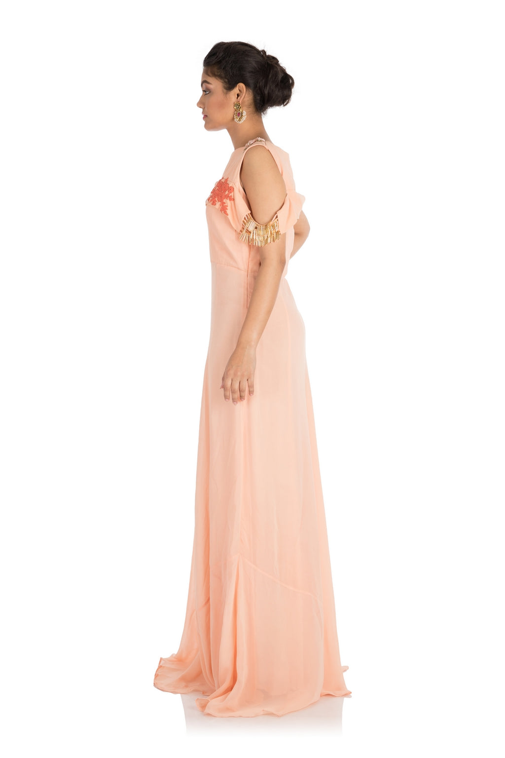 Hand Embroidered Light Peach Long Cold Shoulder Dress Saris and Things
