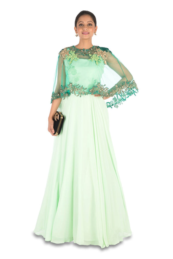 Hand Embroidered Sea Green Flare Gown With Dark Green Cape