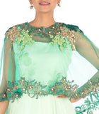 Hand Embroidered Sea Green Flare Gown With Dark Green Cape