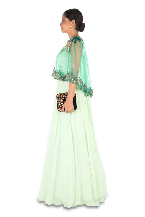 Hand Embroidered Sea Green Flare Gown With Dark Green Cape Saris and Things Hand Embroidered Sea Green Flare Gown With Dark Green Cape Saris and Things