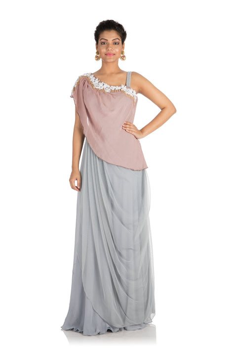 Hand Embroidered Light Grey Draped Dress With Light Onion Pink Cape