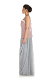 Hand Embroidered Light Grey Draped Dress With Light Onion Pink Cape