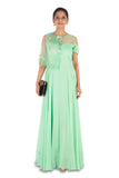 Hand Embroidered Lime Green Gown With One Side Cape & Cold-Shoulder