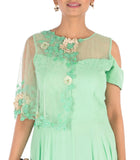 Hand Embroidered Lime Green Gown With One Side Cape & Cold-Shoulder