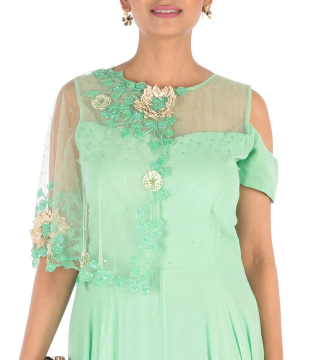 Hand Embroidered Lime Green Gown With One Side Cape & Cold-Shoulder