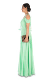 Hand Embroidered Lime Green Gown With One Side Cape & Cold-Shoulder