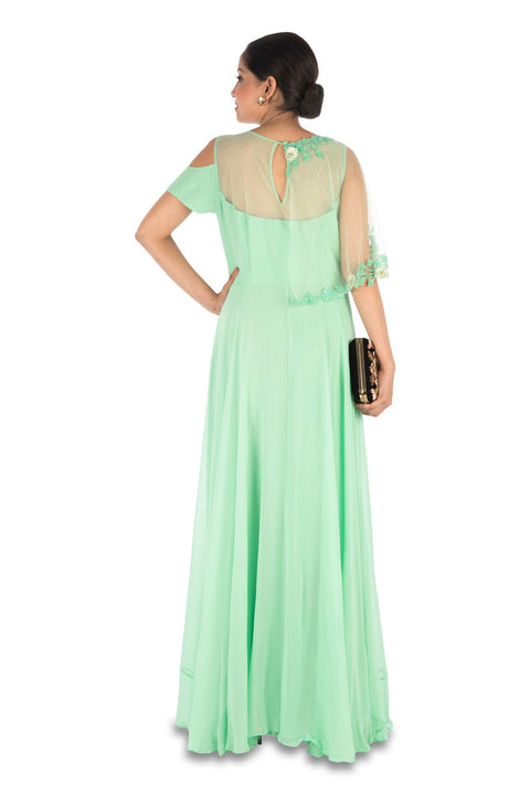 Hand Embroidered Lime Green Gown With One Side Cape & Cold-Shoulder
