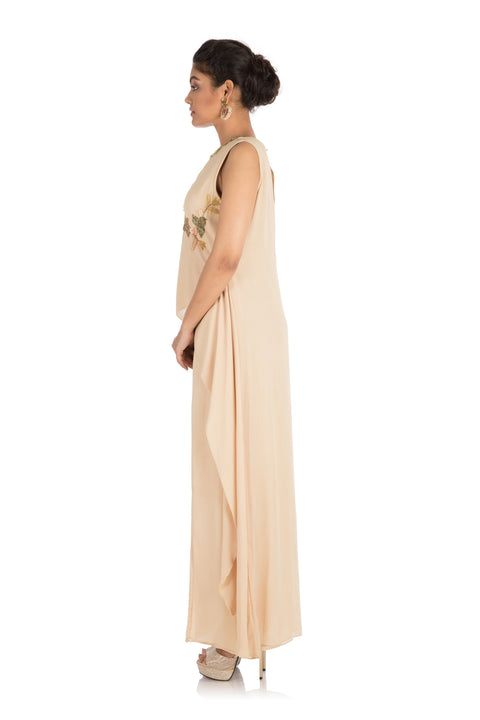 Hand Embroidered Light Beige Double Layered Dress