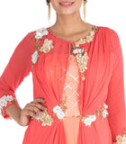 Hand Embroidered Bright Coral And Peach Layered Dress