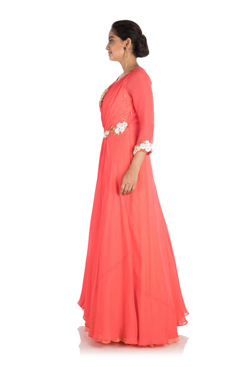 Hand Embroidered Bright Coral And Peach Layered Dress