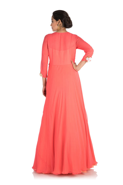 Hand Embroidered Bright Coral And Peach Layered Dress