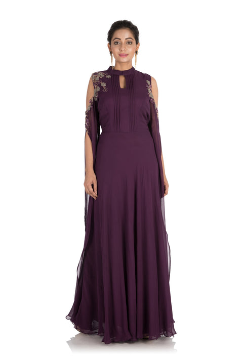 Hand Embroidered Plum colorCold Shoulder Dress With Long Sleeves